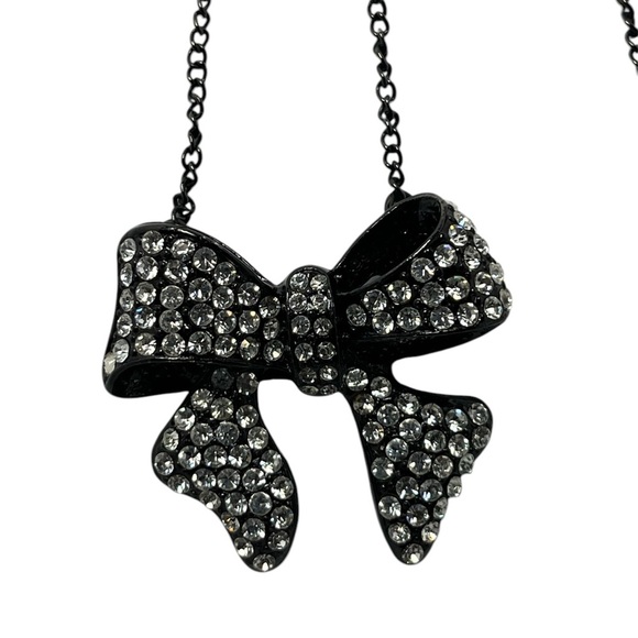 Cookie Lee Sparkly Rhinestone Bow Adjustable Gunmetal Chain Necklace - Picture 1 of 7